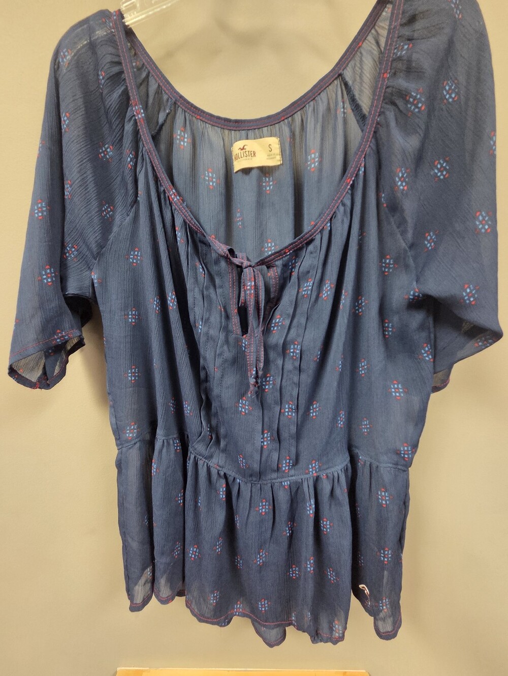 Hollister Navy Tunic Blouse with Pink Accent Dot Print